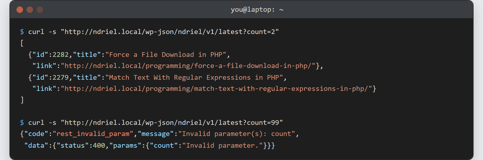 REST API endpoint returning JSON: a curl call to /ndriel/v1/latest listing two posts, and an out-of-range count rejected with a 400 rest_invalid_param error.