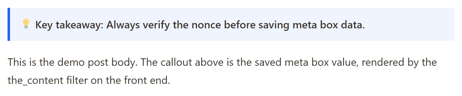 Add a custom meta box in WordPress: a published post showing a blue key-takeaway callout reading 'Always verify the nonce before saving meta box data' above the post content, rendered from the saved post meta