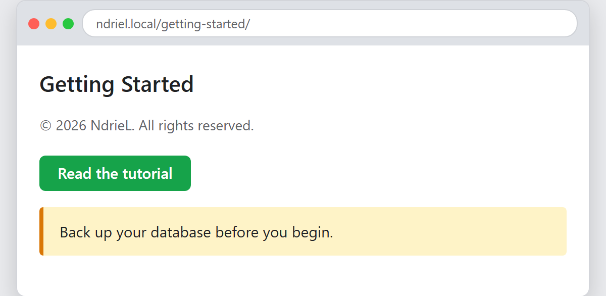 Create a shortcode in WordPress: a rendered page showing the [year] shortcode output '© 2026 NdrieL', a green [button] link reading 'Read the tutorial', and an amber [notice] warning box reading 'Back up your database before you begin.'