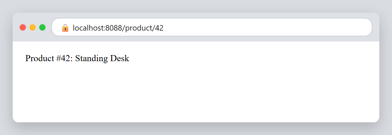 Enable mod_rewrite in Apache: a browser at the clean URL localhost:8088/product/42 showing the page text 'Product #42: Standing Desk'