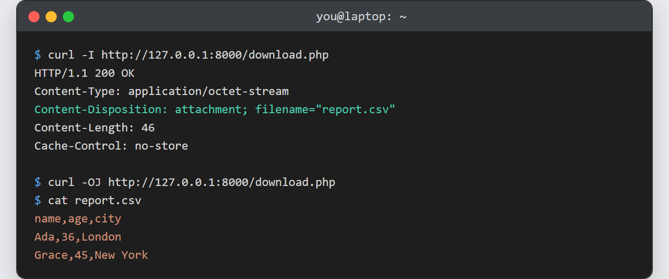 File download in PHP: a curl -I response showing Content-Type octet-stream and Content-Disposition attachment headers, then the saved report.csv contents