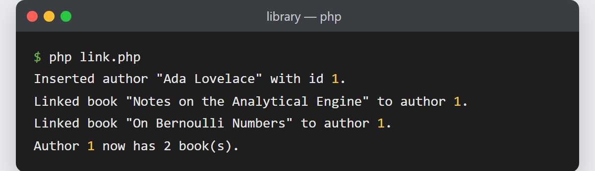 Get the last inserted ID with PHP PDO: terminal output showing author Ada Lovelace inserted with id 1, two books linked to author 1, and a final count of 2 books
