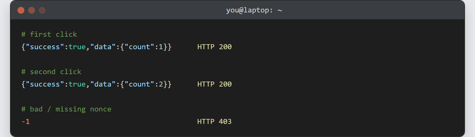 AJAX request in WordPress: two admin-ajax.php calls returning success JSON with an incrementing count, and a bad nonce rejected with -1 and HTTP 403.