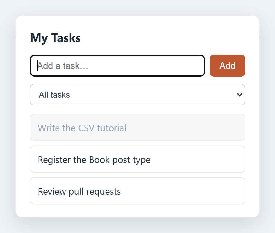 Handle events with jQuery: a 'My Tasks' widget with an input, an Add button, an 'All tasks' filter dropdown, and three tasks: 'Write the CSV tutorial' struck through as done, plus 'Register the Book post type' and 'Review pull requests'