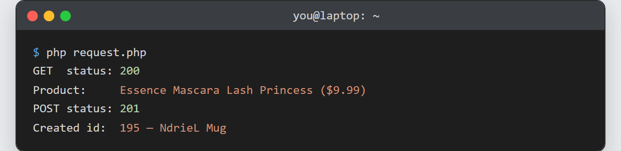 HTTP request in PHP: terminal output showing a GET returning status 200 with a product name and price, then a POST returning status 201 with a new id