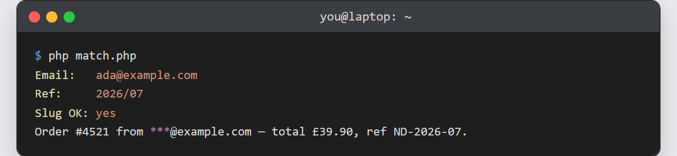 Regular expressions in PHP: terminal output showing a captured email, a year/month reference, a valid slug check, and a line with the email local part masked