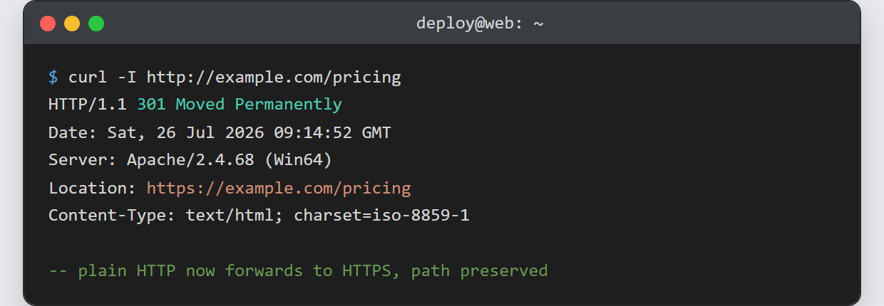 Redirect HTTP to HTTPS in Apache: a curl -I request to http://example.com/pricing returning 301 Moved Permanently with a Location header of https://example.com/pricing