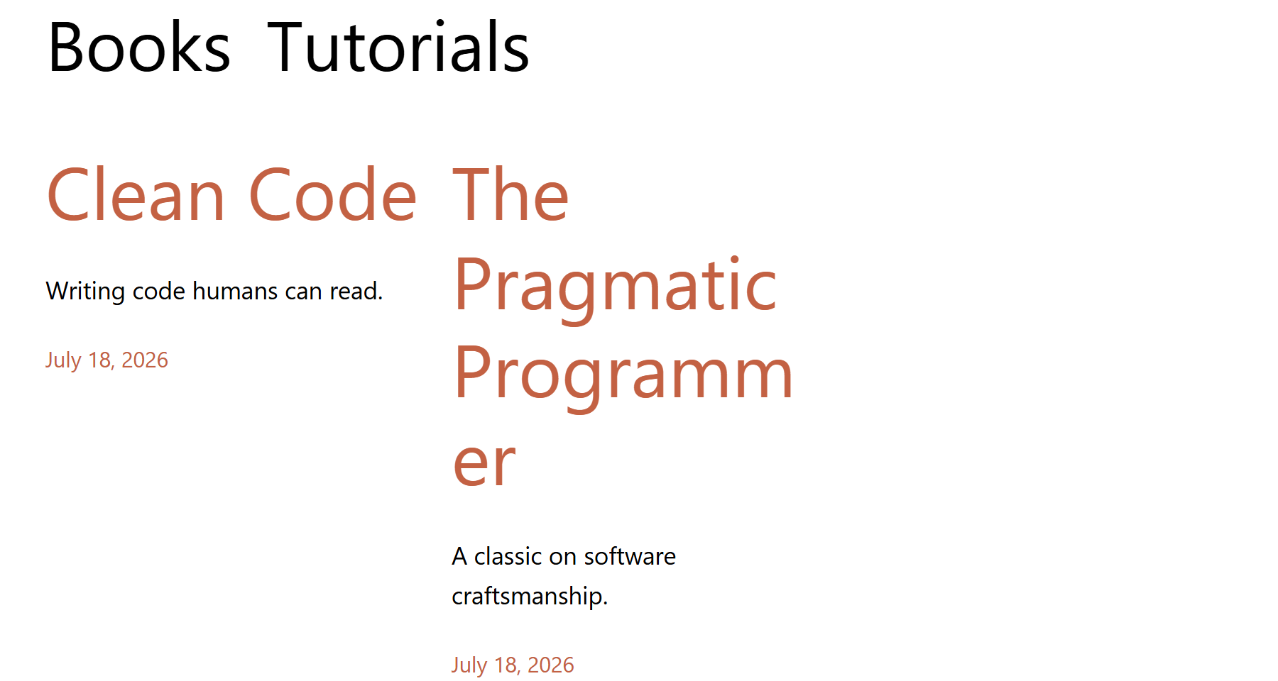 The Books custom post type archive at /books/, titled 'Books Tutorials', listing two published books: Clean Code and The Pragmatic Programmer, each with its excerpt and date