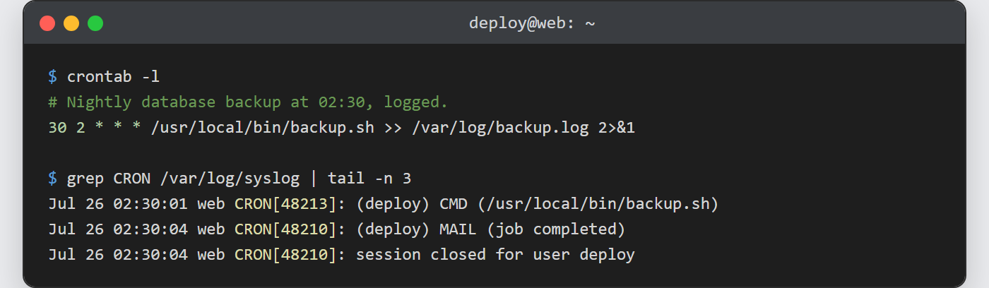 Schedule tasks with cron: crontab -l printing the nightly 02:30 backup job and the syslog showing CRON running the command as user deploy