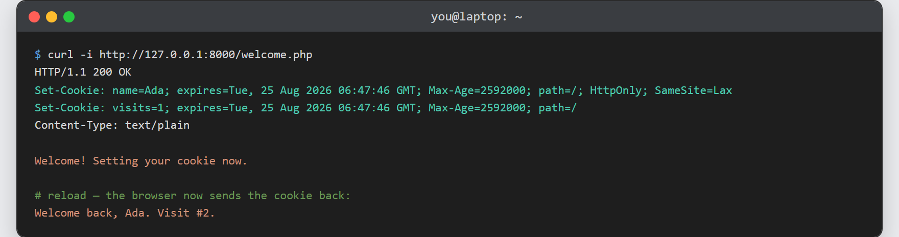 Cookies in PHP: a curl response showing two Set-Cookie headers for name and visits, then 'Welcome back, Ada. Visit #2.' on the second request