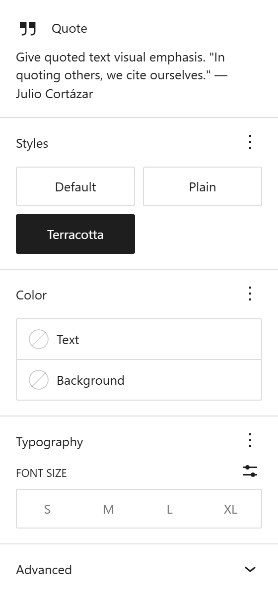 block style variation: the Styles panel offering Default, Plain and Terracotta for the Quote block