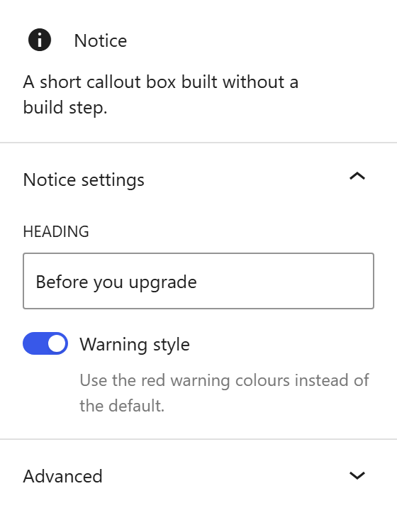 settings controls: the Notice settings panel in the editor sidebar with a heading field and a warning toggle