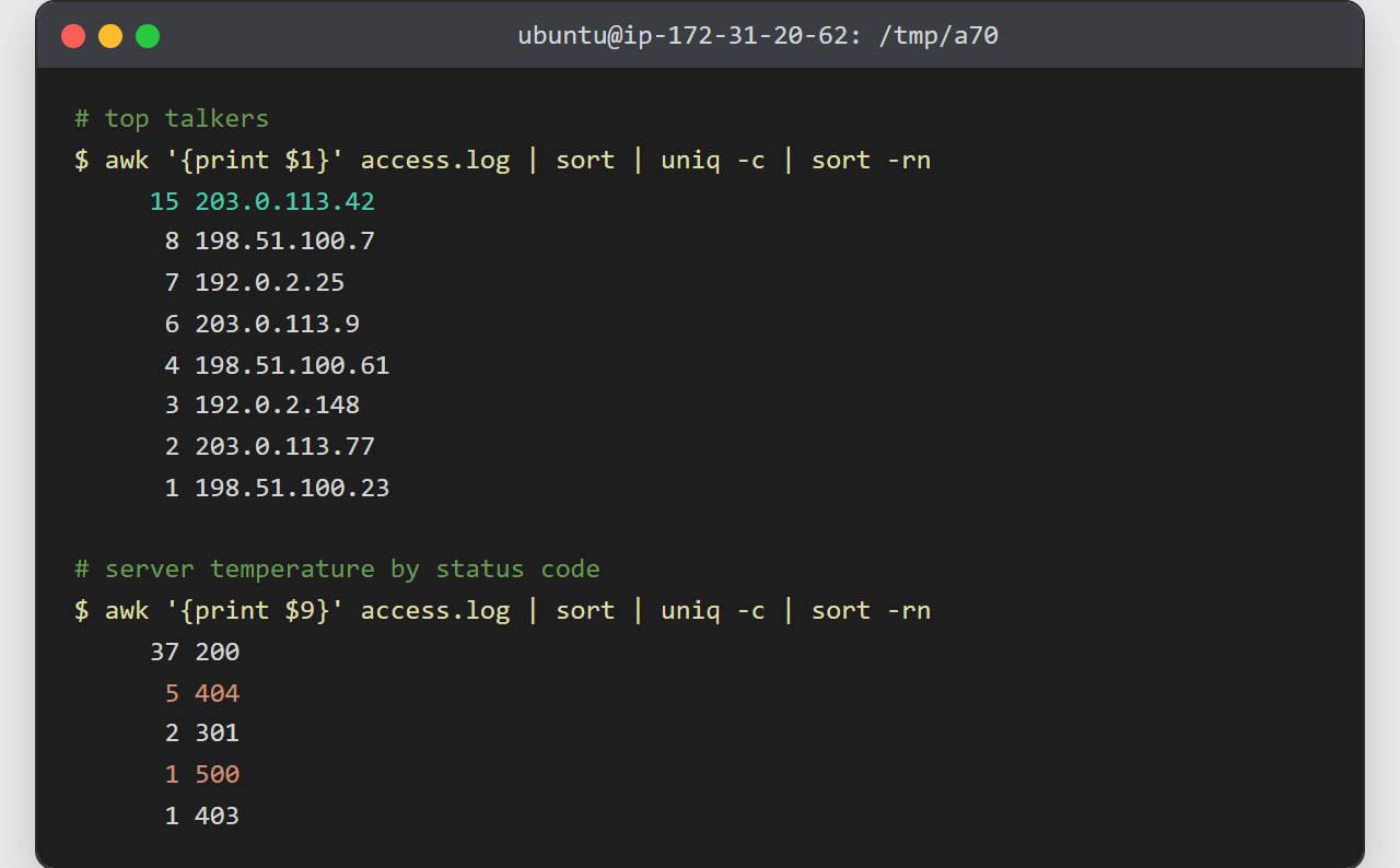 analyze Apache access logs: ranked terminal tables of top client IPs and status code counts produced by the awk pipelines