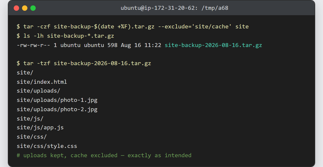 back up a server with tar: the dated archive is created, its listing shows uploads kept and cache excluded, and rsync pulls it off the box