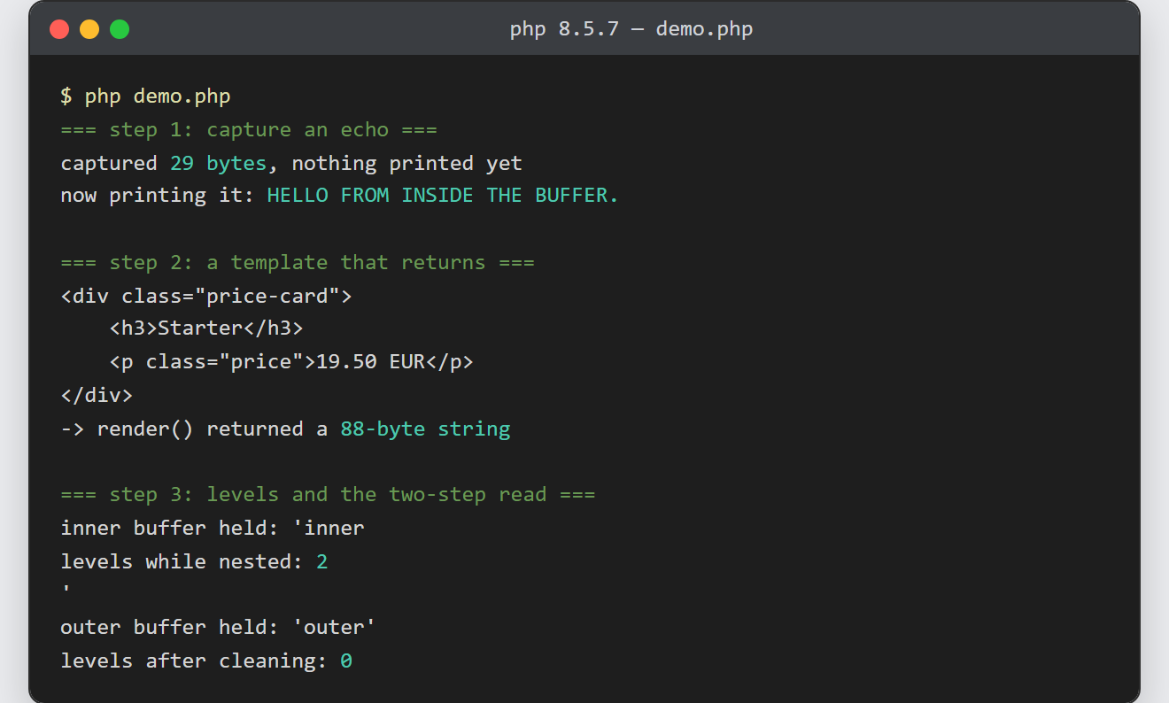 Output buffering in PHP: a captured echo reprinted in upper case, a template partial returned as an 88-byte string, and nested buffers reporting level 2 then 0