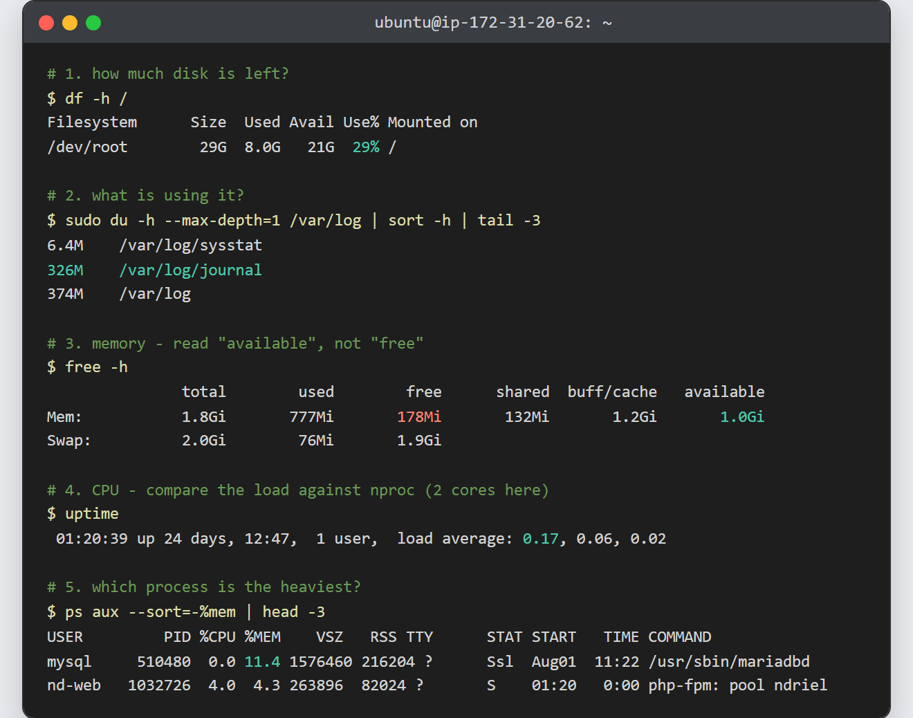 Check disk, memory and CPU usage from the terminal: df shows 29% used, du finds the 326 MB journal, free reports 1.0 GB available and uptime shows a load average of 0.17