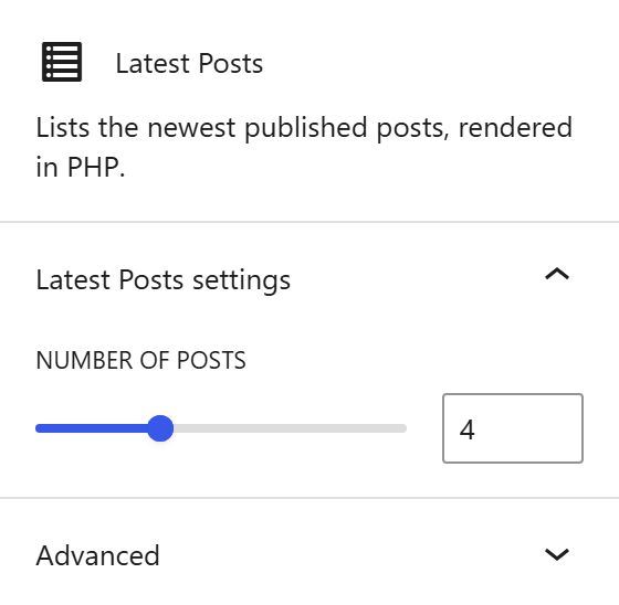 dynamic Gutenberg block: the Latest Posts settings panel with a number of posts slider set to 4