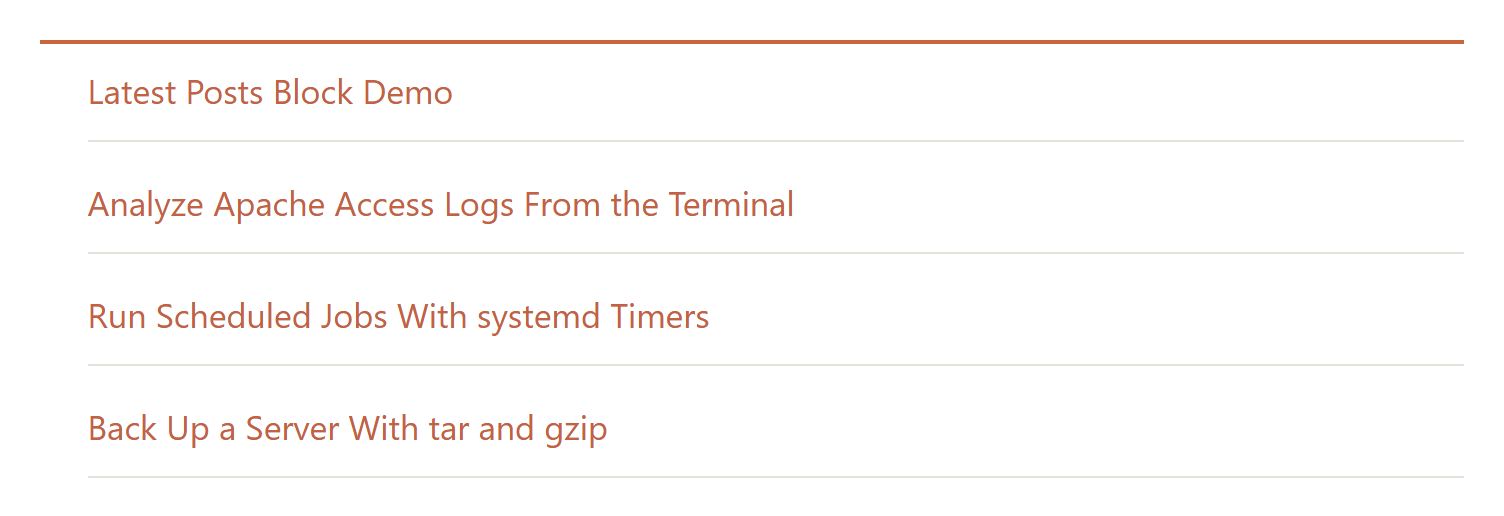 dynamic Gutenberg block: the Latest Posts list rendered on the front end from the PHP render callback