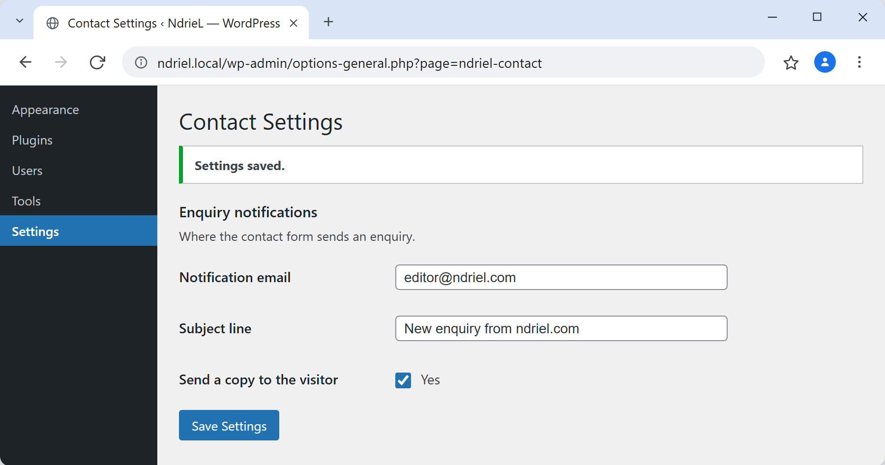 WordPress settings page built with the Settings API, showing the Settings saved notice above the notification email, subject line and checkbox fields