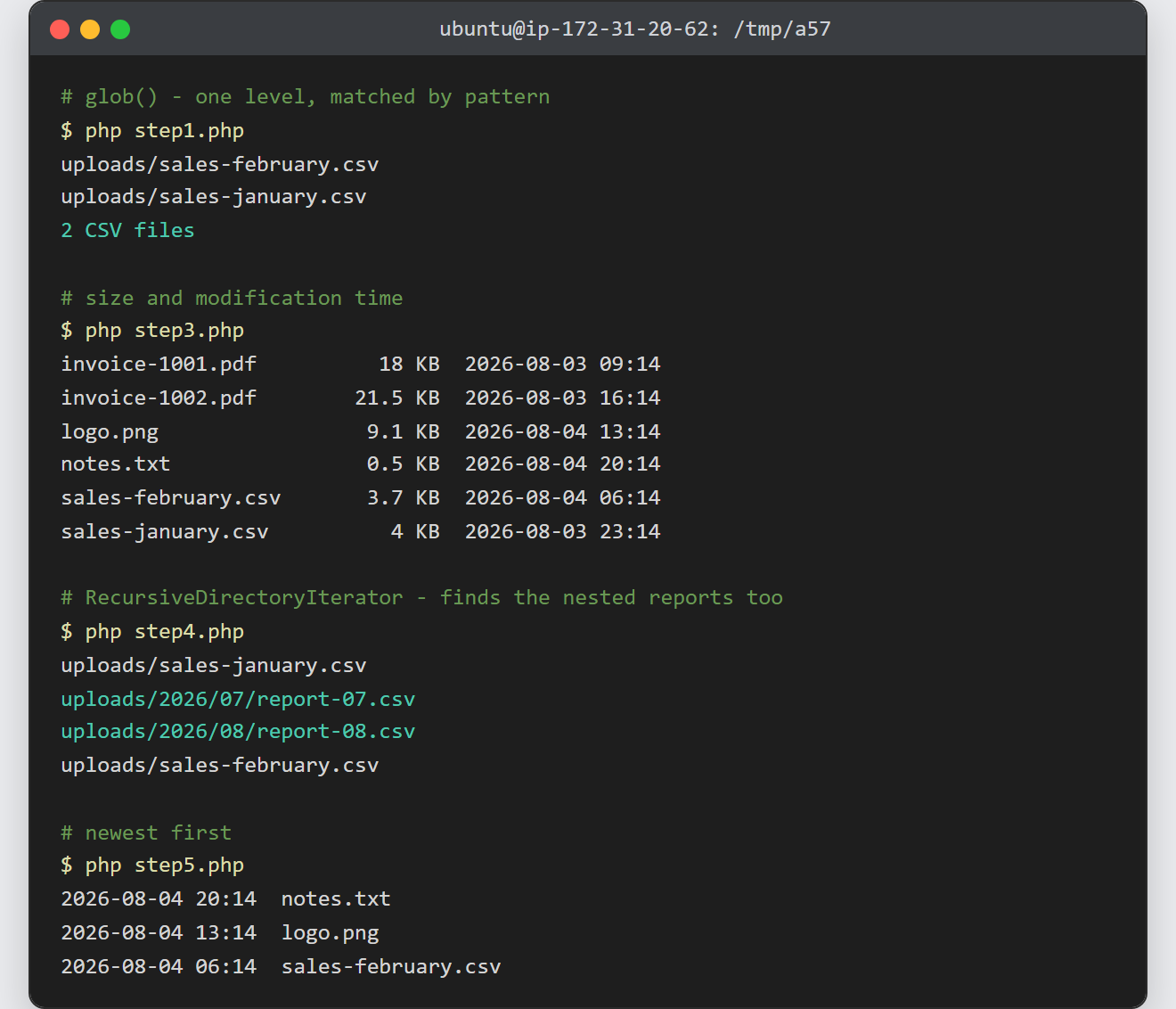 List files in a directory with PHP: glob returns two CSV files, the recursive iterator finds four, and usort puts the newest upload first