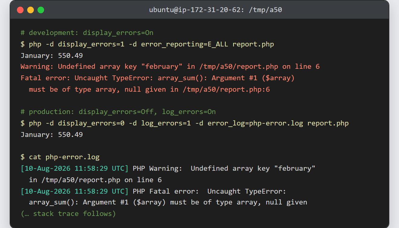 Log and display PHP errors: the terminal shows a displayed warning and fatal error, then the error log holding the same faults with timestamps