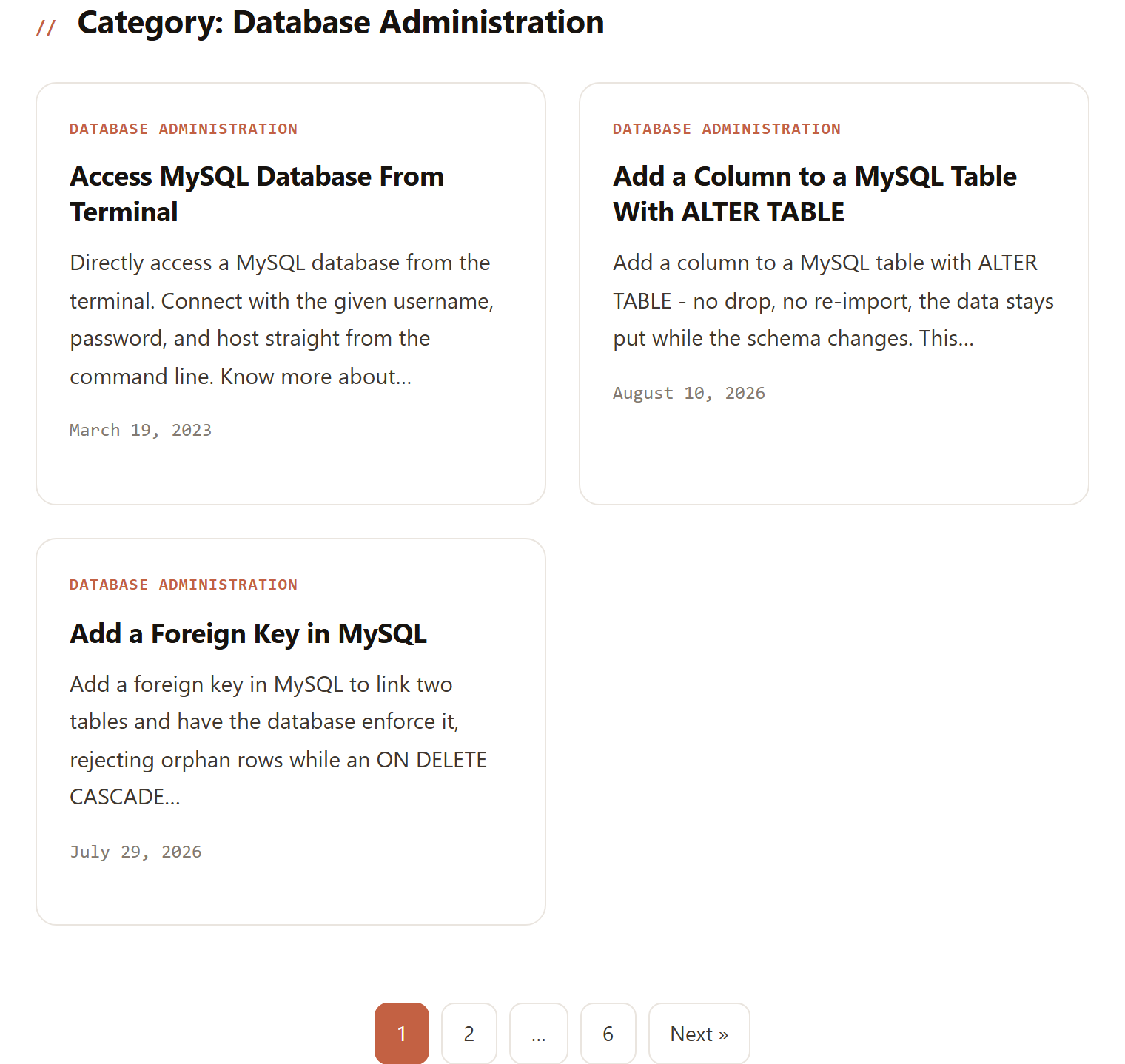 Modify the main query with pre_get_posts: the category archive shows three alphabetically ordered posts and pagination running to six pages