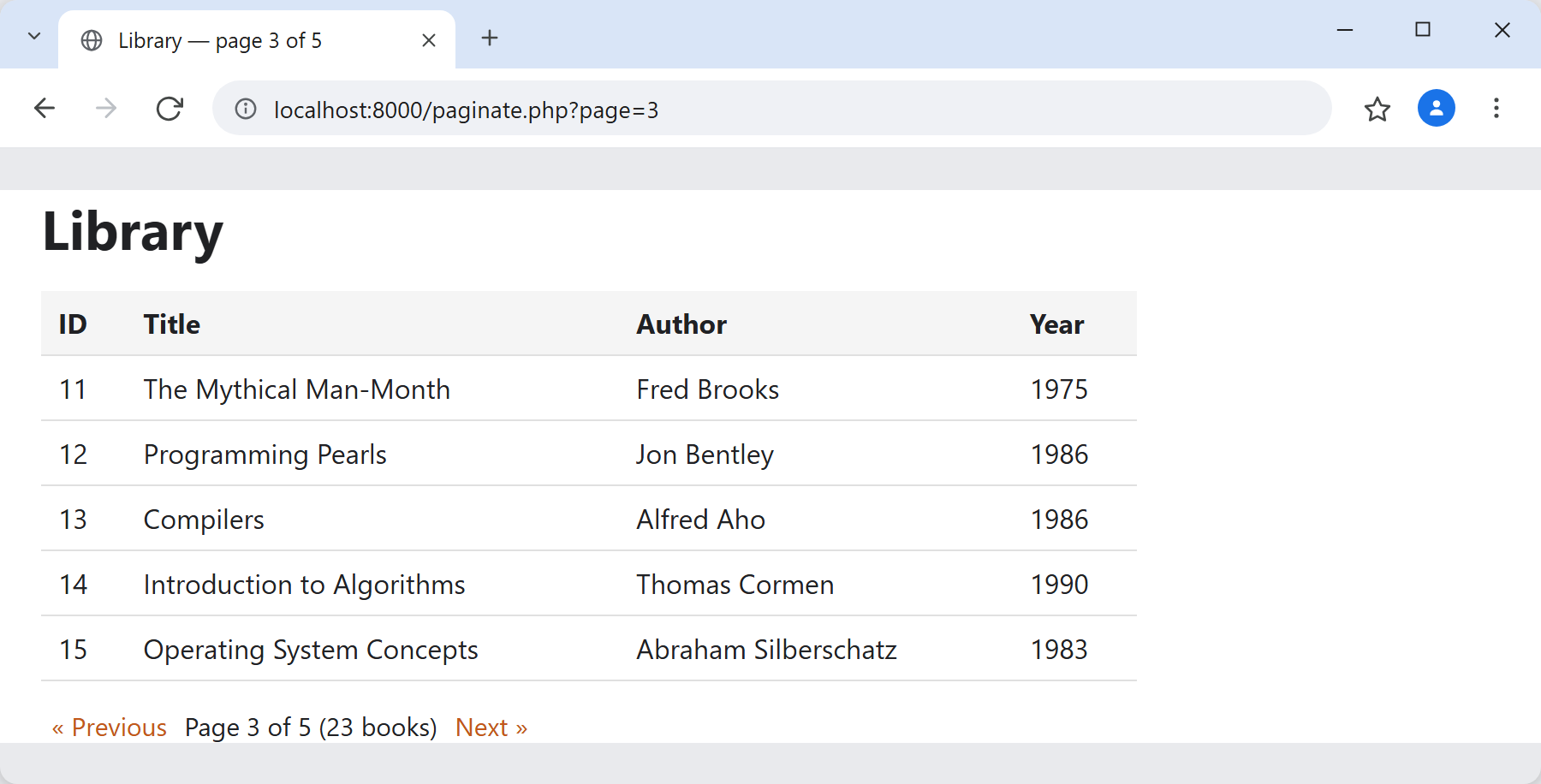 Paginate MySQL results with PHP PDO: browser showing page 3 of the library table with books 11 to 15, and a pager reading Page 3 of 5 (23 books) between Previous and Next links