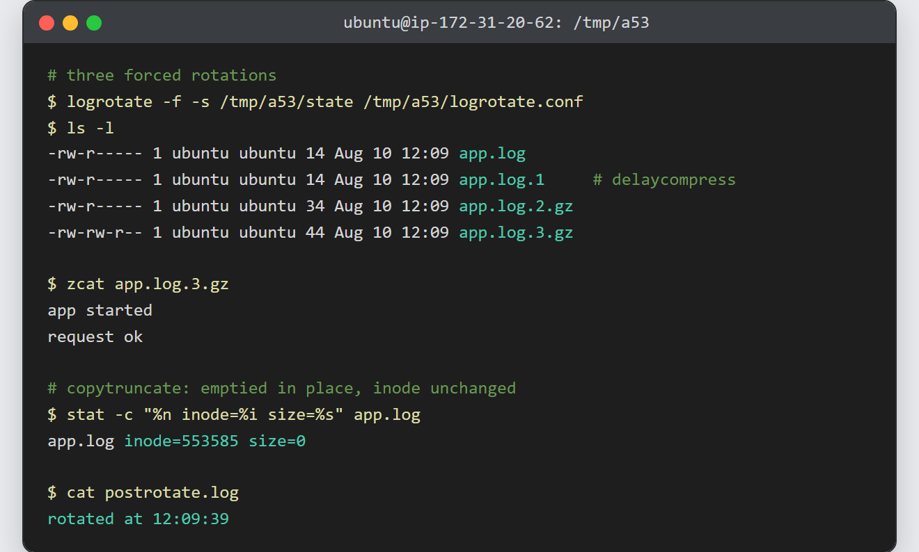 Rotate logs with logrotate: app.log rotated into app.log.1 plus gzipped app.log.2 and app.log.3, with copytruncate emptying the file in place