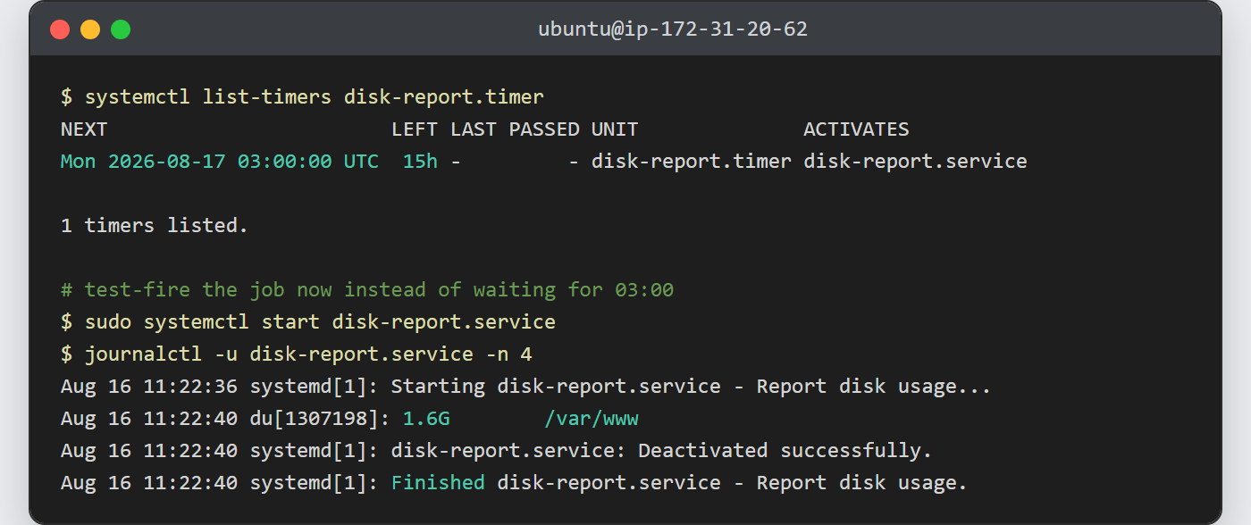 systemd timers: list-timers shows the nightly schedule and journalctl shows the test-fired disk report