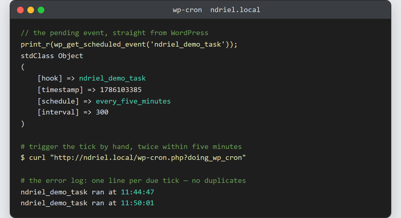 Schedule recurring tasks with WP-Cron: the scheduled event object with its five-minute interval, and two log lines exactly five minutes apart