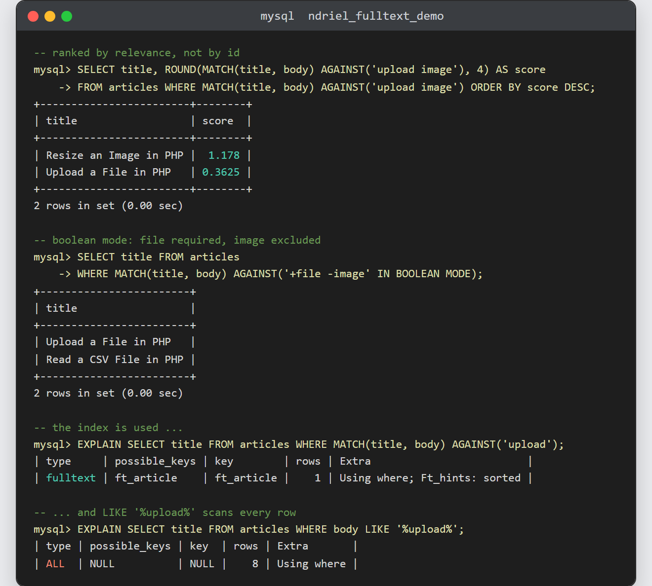 Search text with a MySQL FULLTEXT index: the ranked results show relevance scores, and EXPLAIN reports type fulltext instead of a full table scan