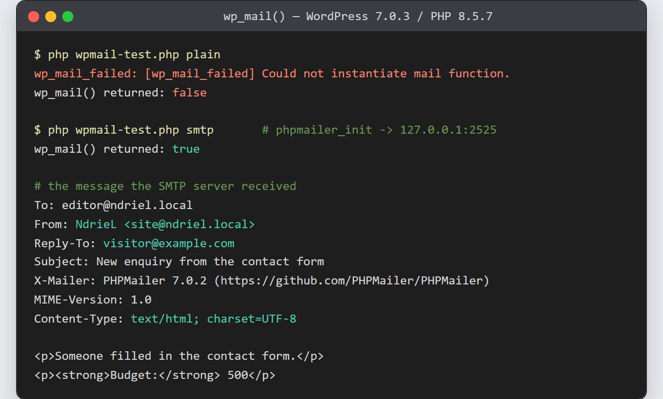 Send email in WordPress with wp_mail: the failing call logging Could not instantiate mail function, then the same call returning true and the message captured over SMTP with its From, Reply-To and HTML content type
